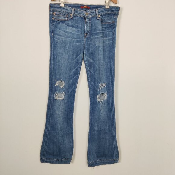 7 For All Mankind Women's Boot Cut Jeans Size 30 Blue Cotton Casual Distressed - Picture 1 of 11